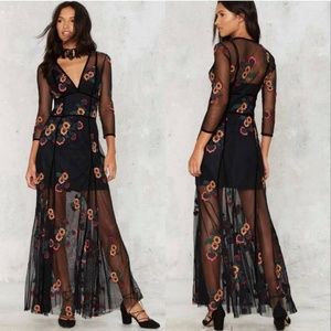 For Love & Lemons Elenora Black Floral Maxi Dress Embroidered Tulle Long Gown